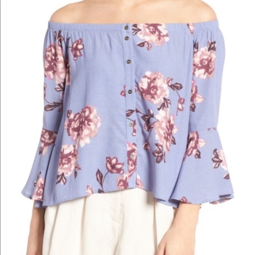 ASTR Amelia Purple Floral Off Shoulder Blouse Top